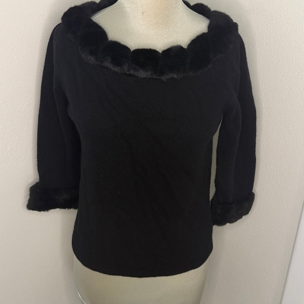 Vintage Jones New York Country rabbit fur trim sweater petite small P S black